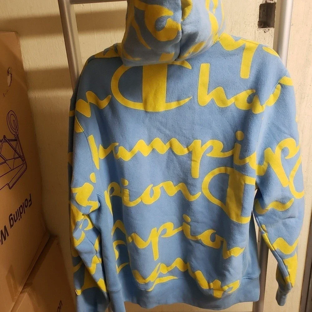 Champion Reverse Weave Hoodie Mens XL Blue Yellow All Over Script Logo Retro 90s